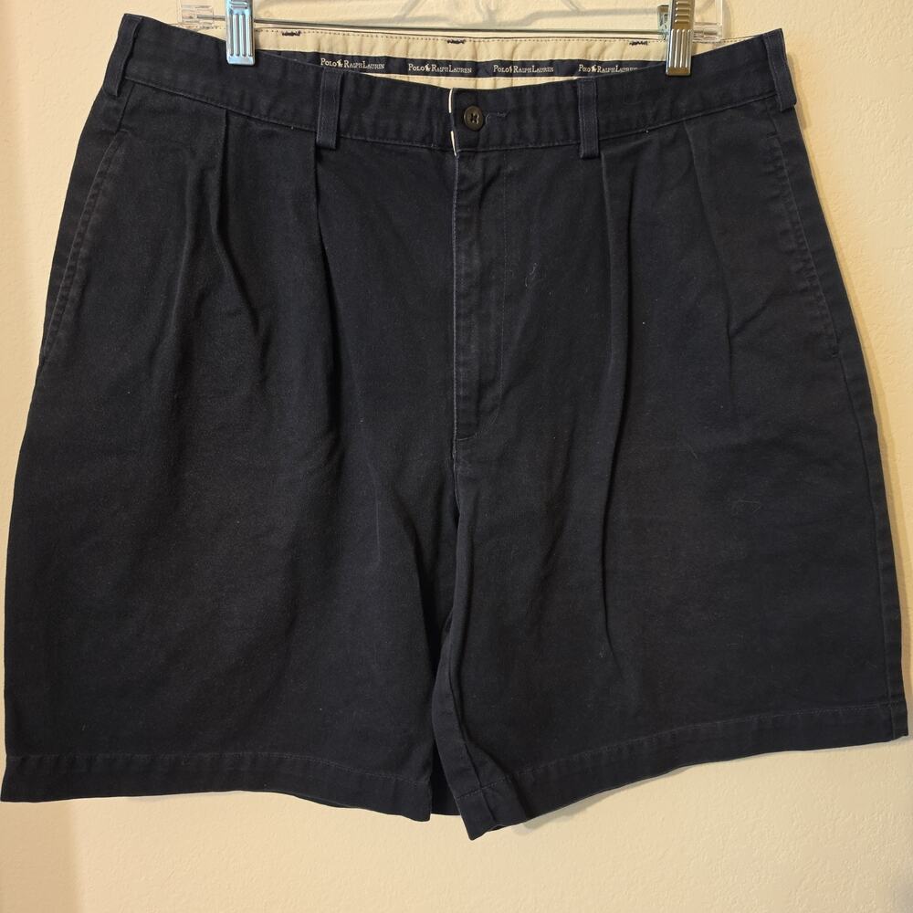 VTG Polo Ralph Lauren Shorts Men 36 Navy Blue 8" Inseam Pleated Chino Preppy 90s